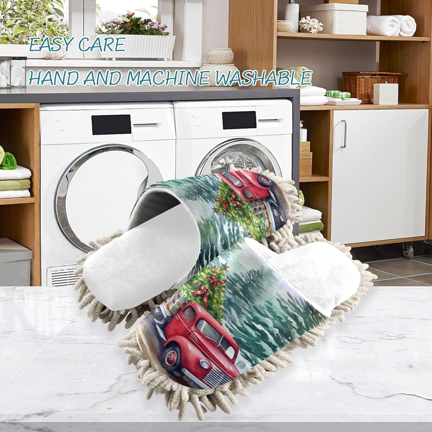 White Christmas Truck Tree Mop Slippers - Soft Hypoallergenic Easy to Clean
