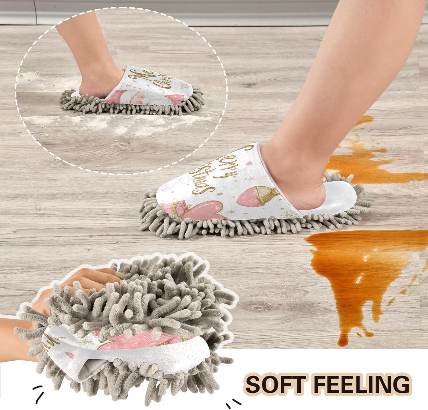 White Christmas Pink Snowflake Santa Mop Slippers
