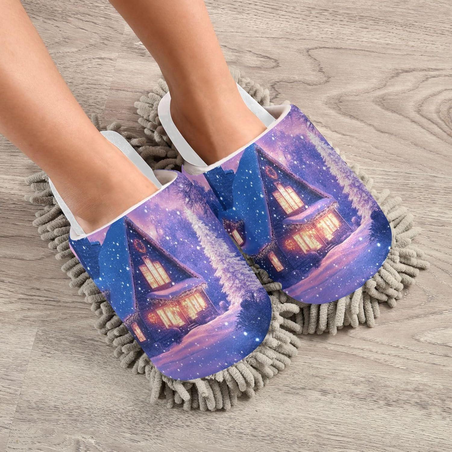 White Christmas Snowy Night House Mop Slippers for Women Men