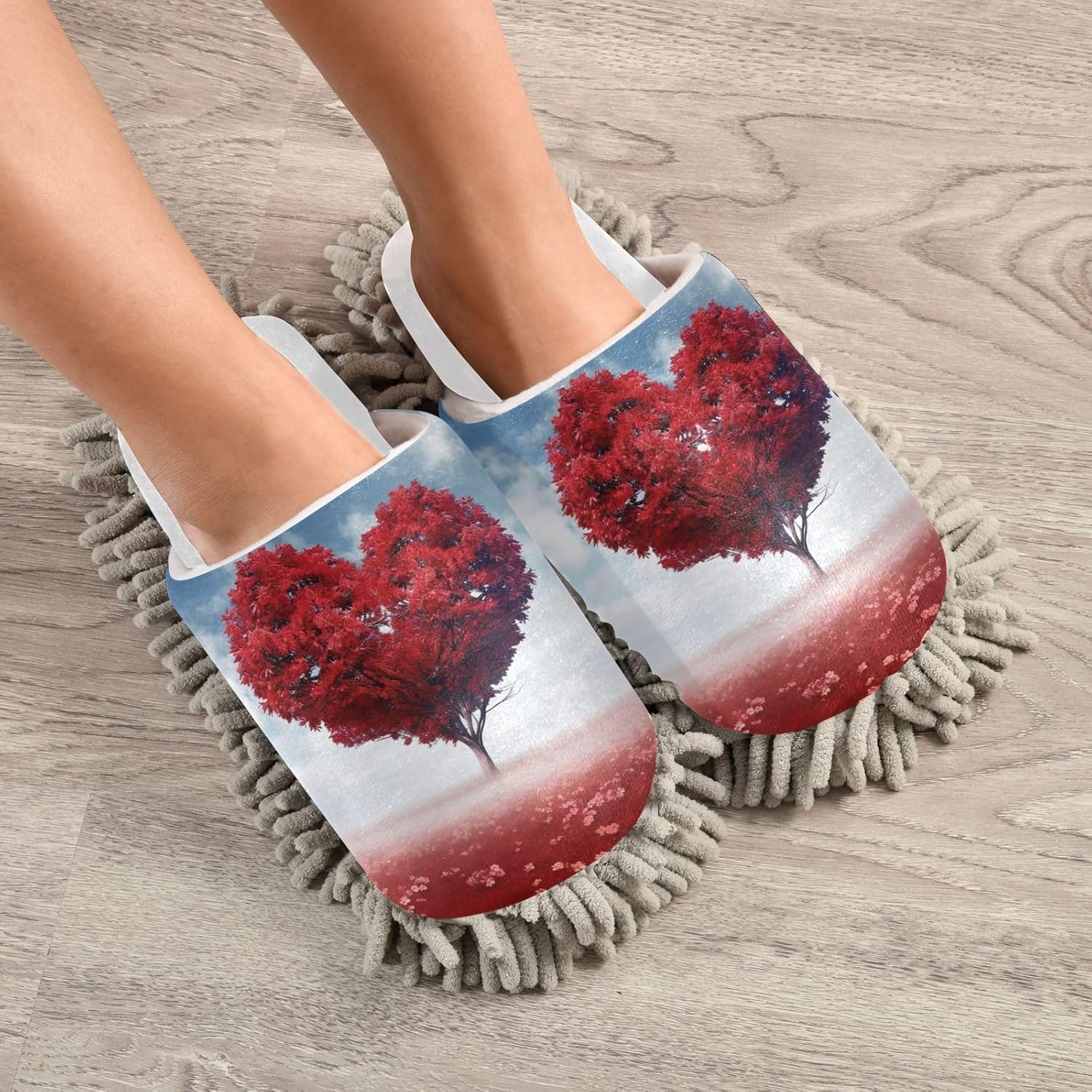 White Valentines Red Heart Tree Mop Slippers
