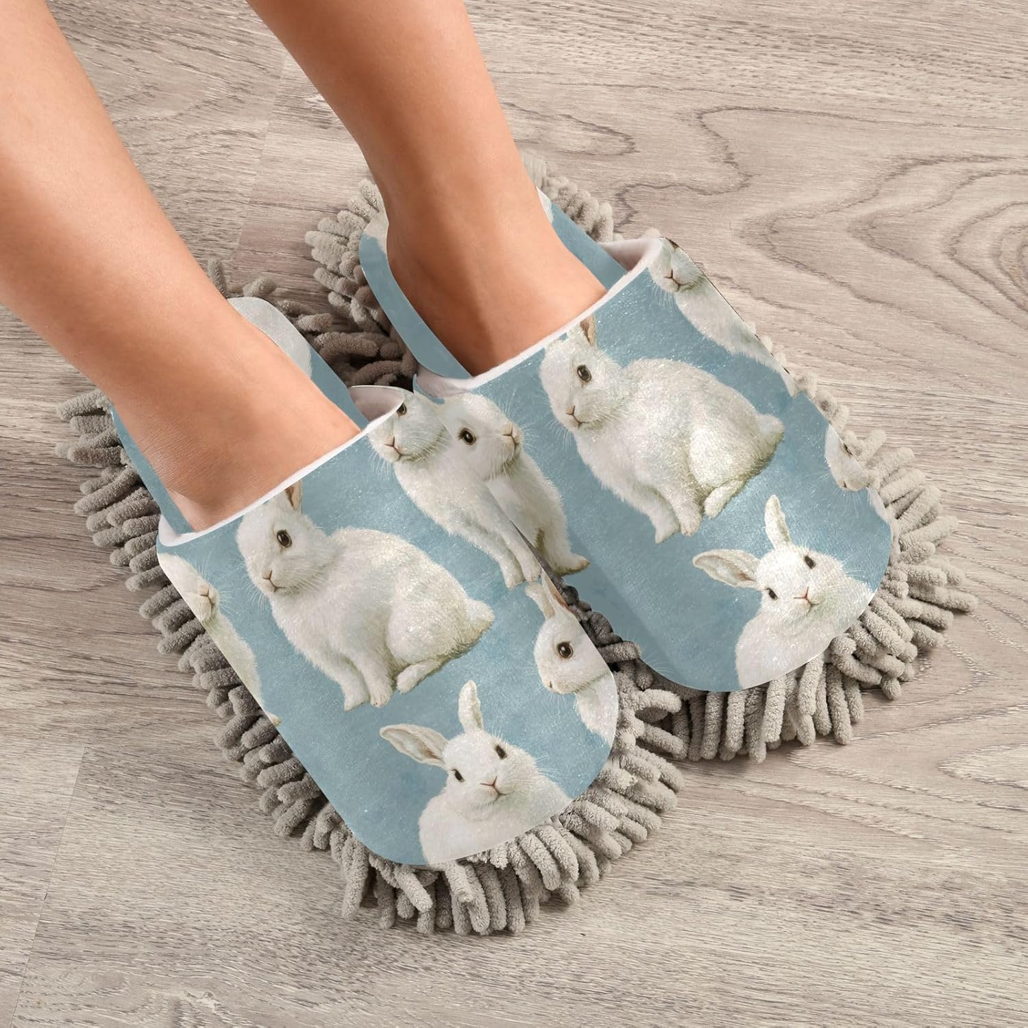 White Rabbits Microfiber Mop Slippers Washable Cleaning Shoes for Men Women