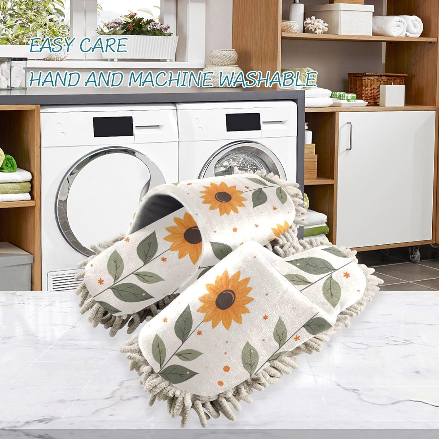 Cute Sunflower Washable Mop Slippers for MenWomen Size L