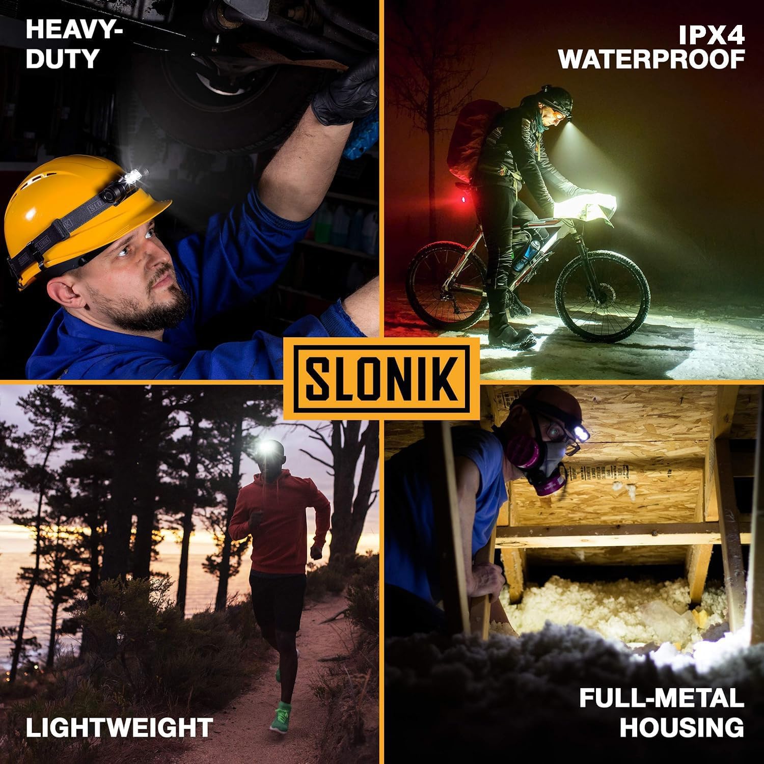 SLONIK 1000 Lumen Rechargeable Headlamp - 60 ft Beam IPX4 Waterproof Black