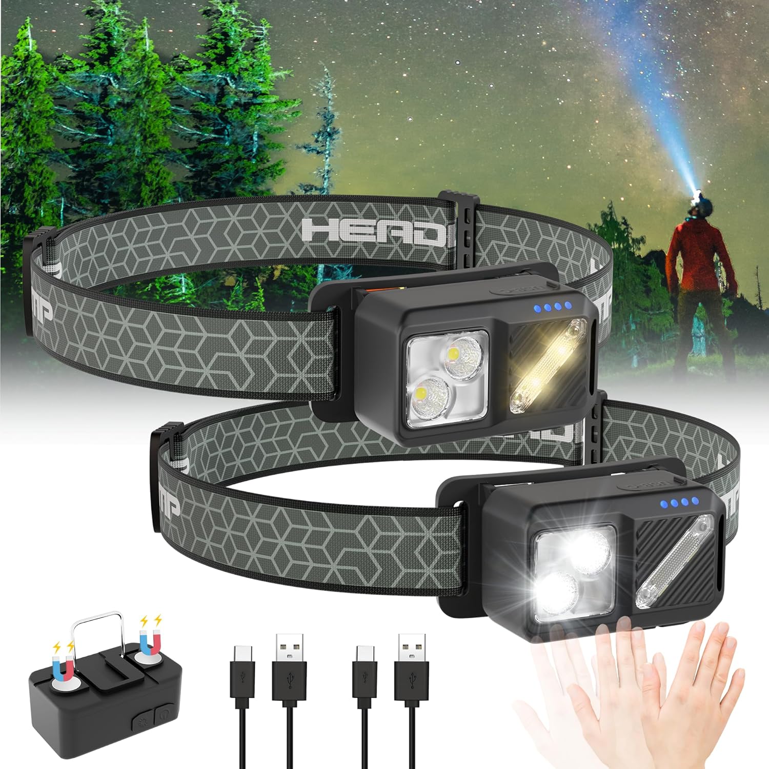 2-Piece Rechargeable LED Headlamp Set 2500-lumen Waterproof 90Adjustable Magnetic Adsorb