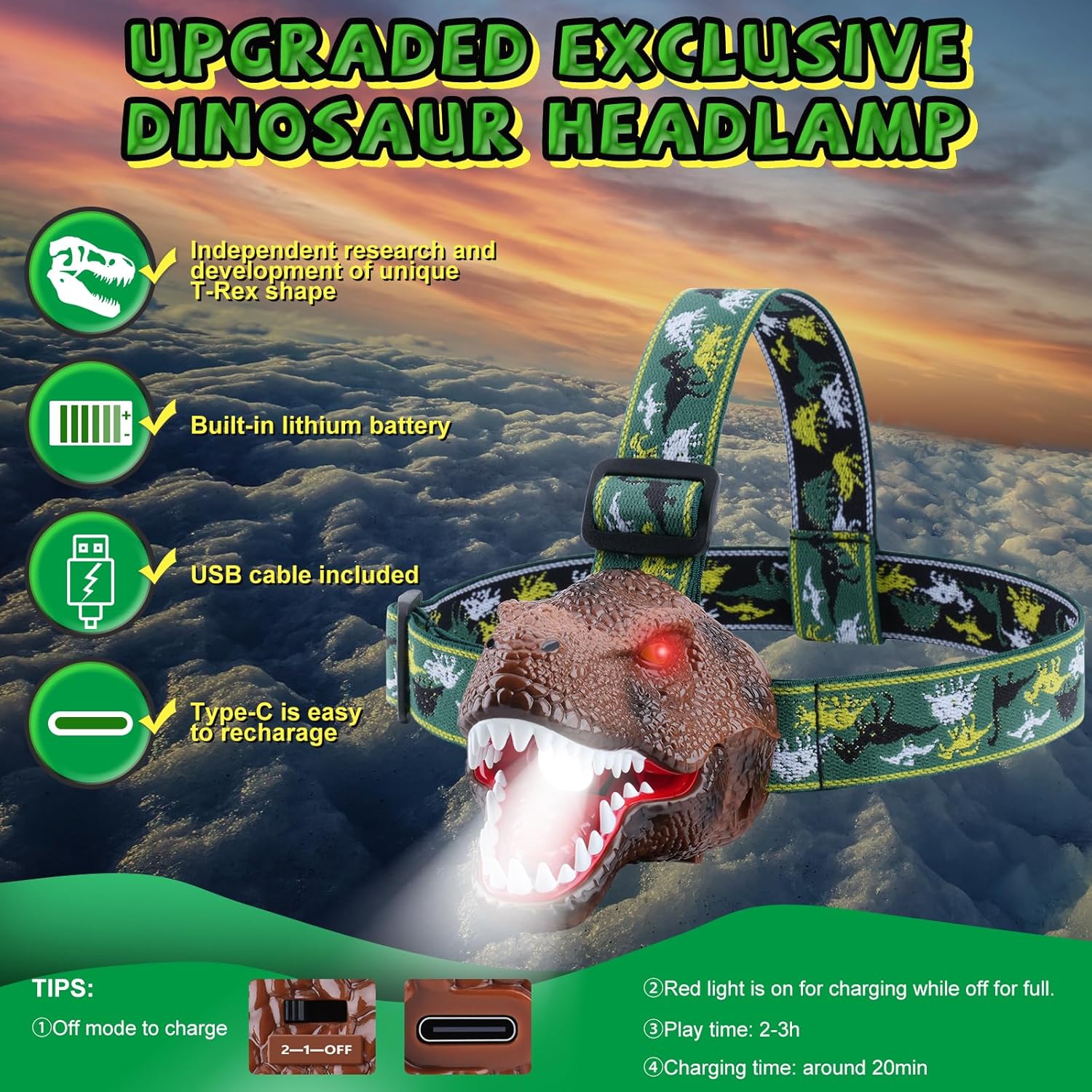 Dinosaur Headlamp 2-in-1 Rechargeable LED Lights Dinosaur Sound for Kids