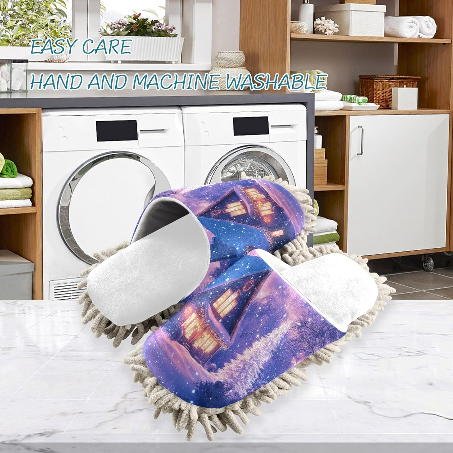 White Christmas Snowy Night House Mop Slippers for Women Men