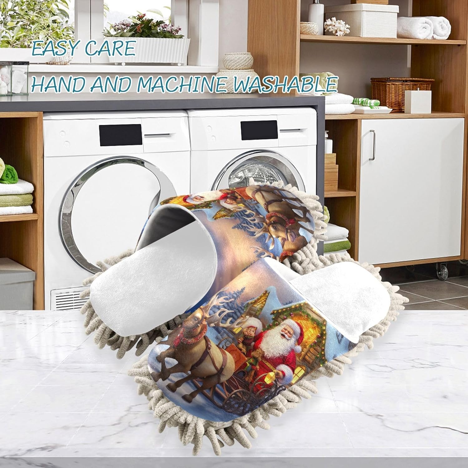 White Christmas Santa Riding Reindeers Mop Slippers for Home Kitchen