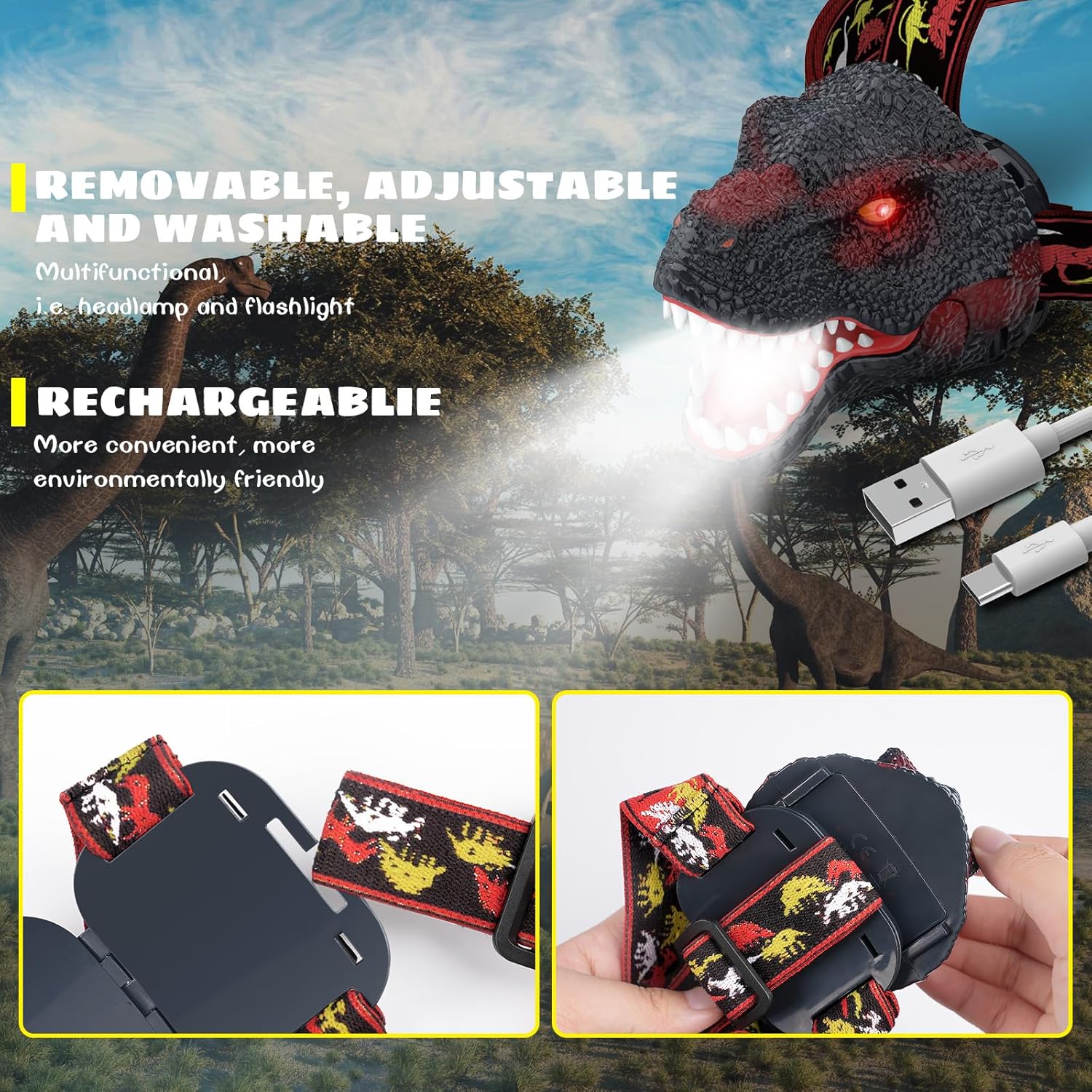 T-Rex Dinosaur Headlamp for Kids RechargeableAdjustable Fun