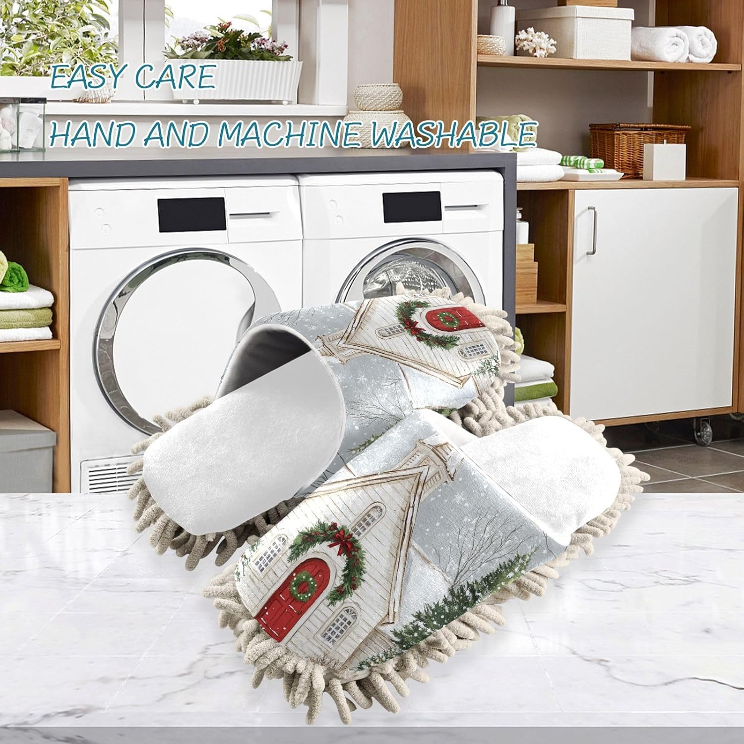 RunningBear White Christmas Church Trees Mop Slippers 1