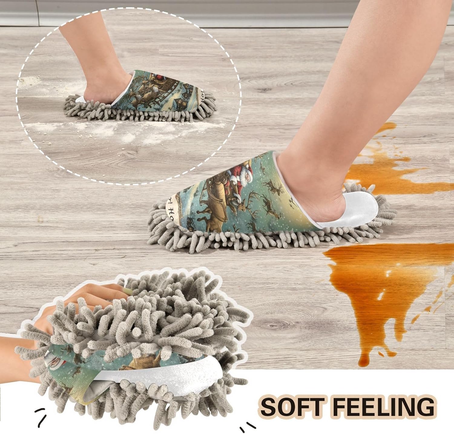 Merry Christmas Fun Cozy Santa Slippers for Wood Floor Dusting