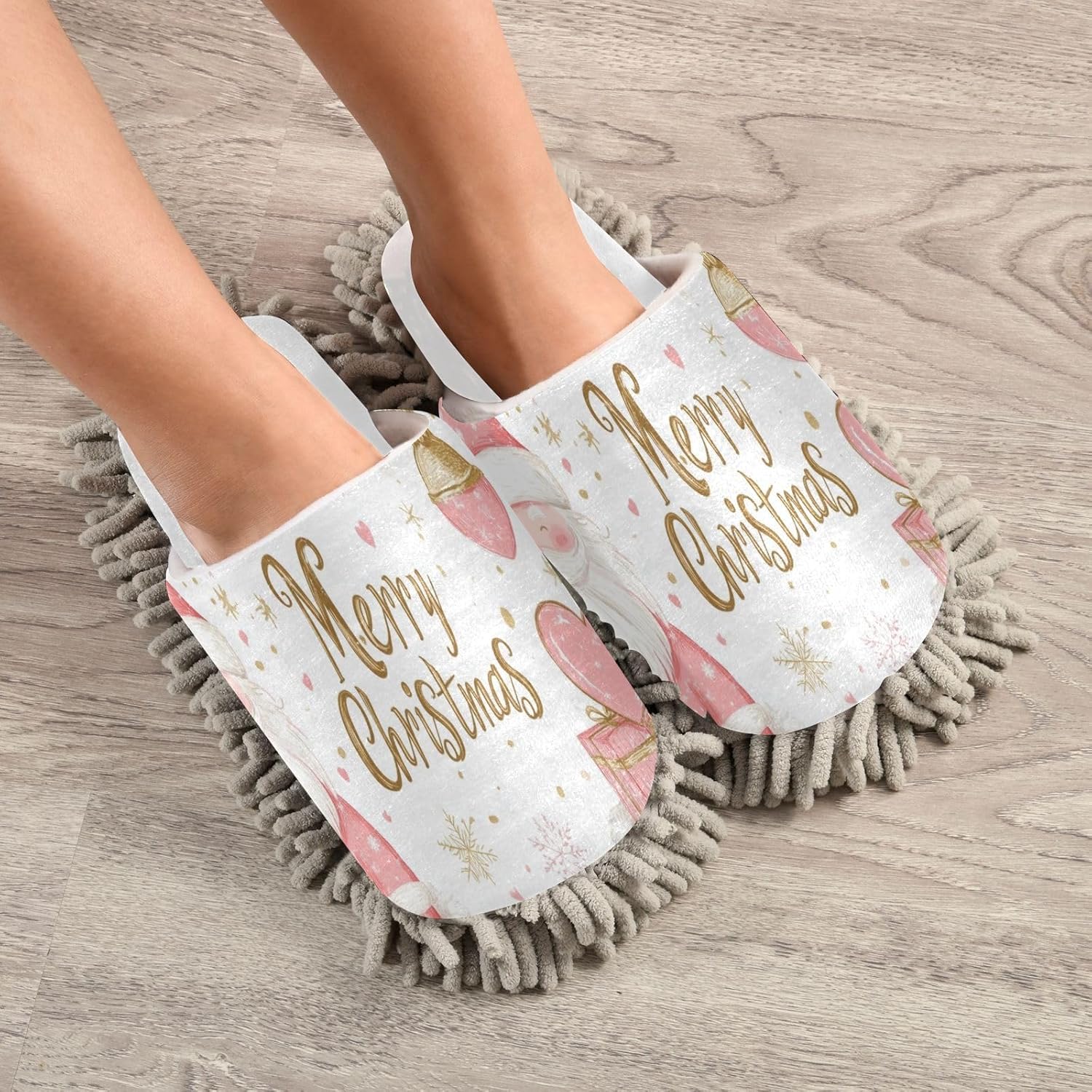 White Christmas Pink Snowflake Santa Mop Slippers