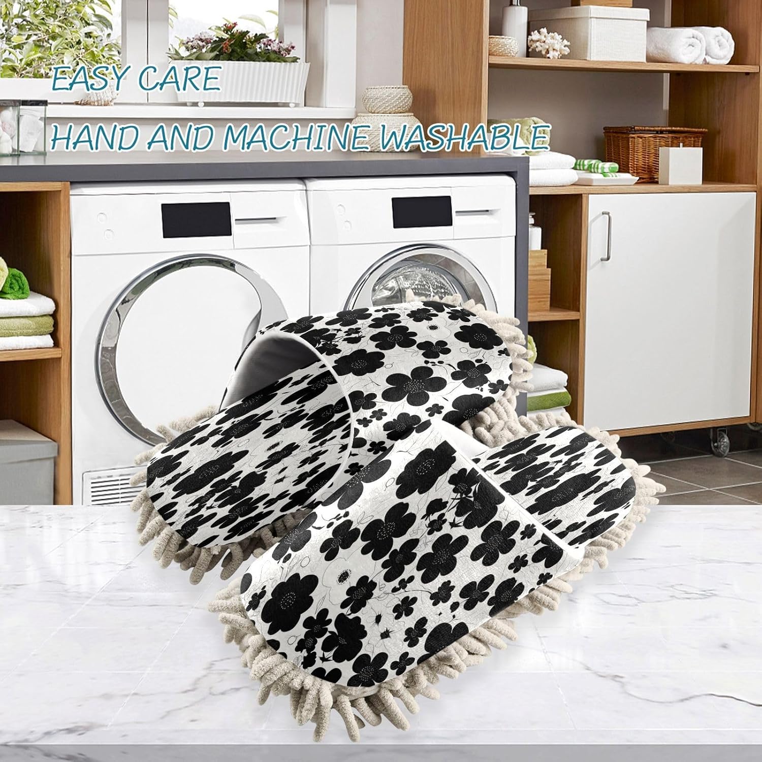 Zhirexin Black Flowers Kitchen Slippers