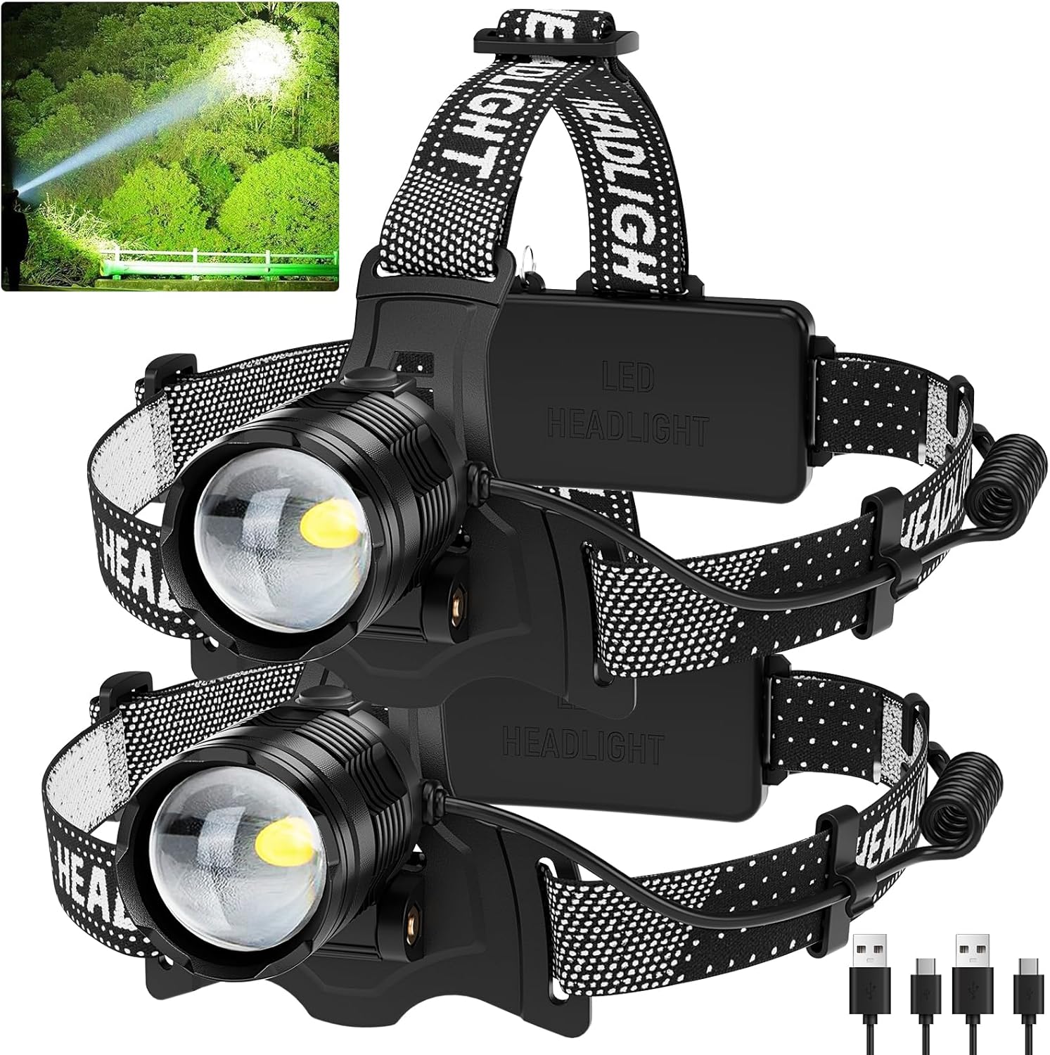 Vinderfine Rechargeable Headlamp - 2 Pack 99000 Lumen 135 Adj IPX6