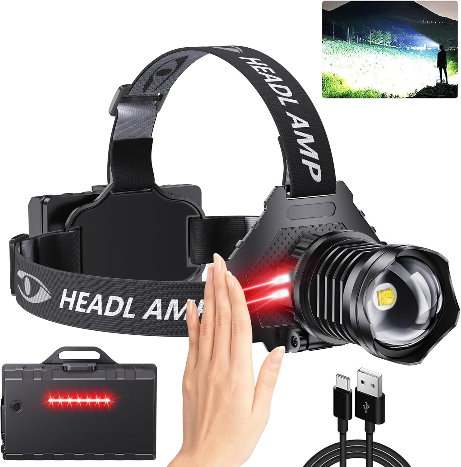 900000 Lumens LED Headlamp strobe mode waterproof adjustable arging
