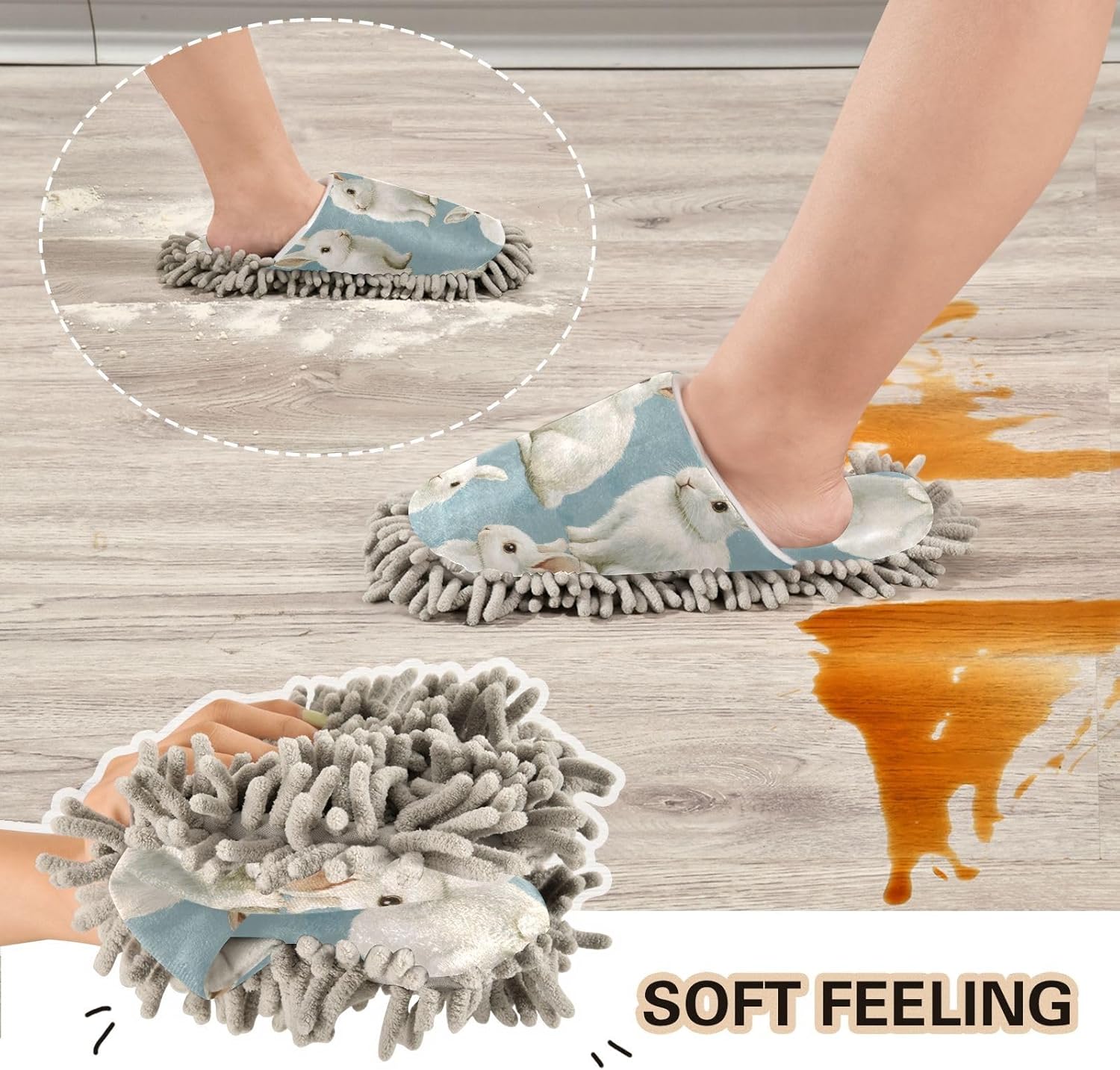 White Rabbits Microfiber Mop Slippers Washable Cleaning Shoes for Men Women