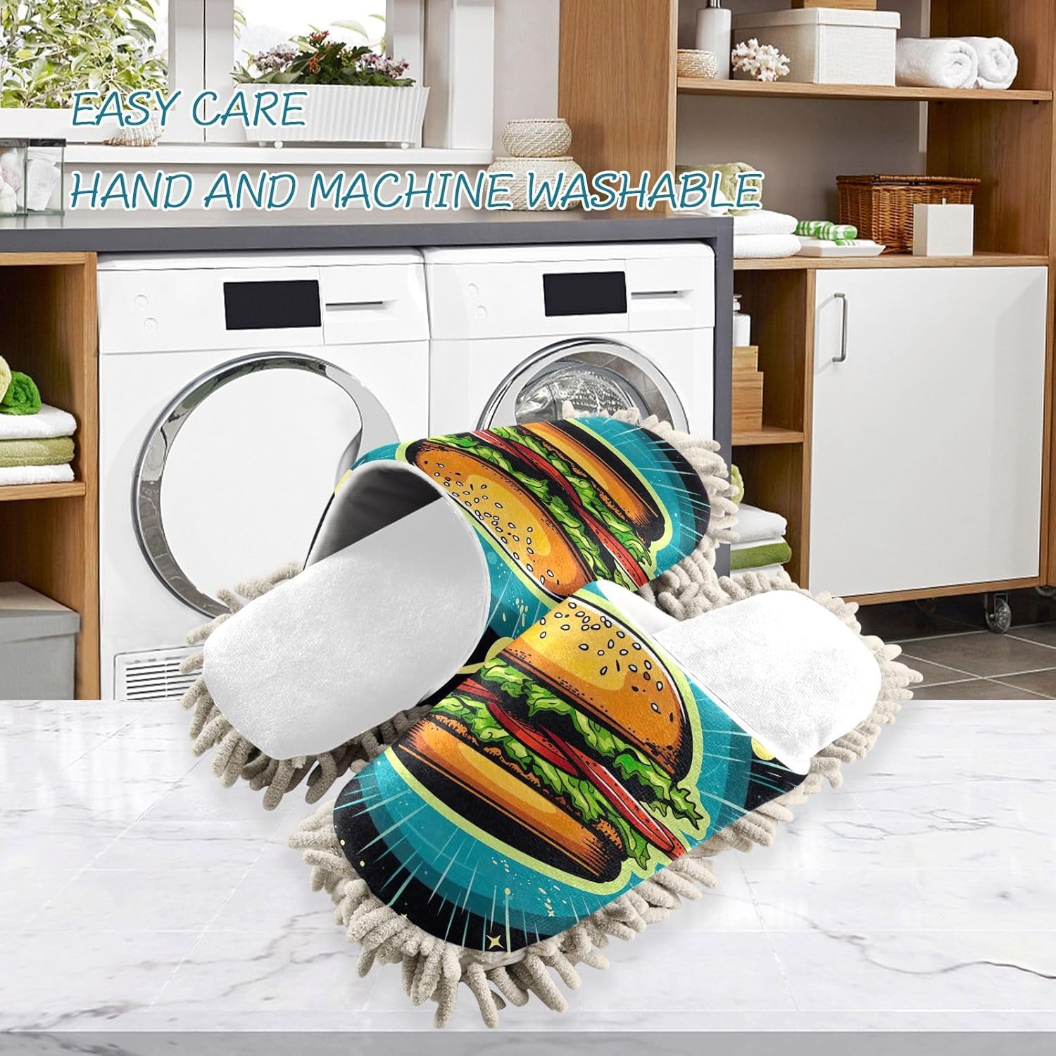 White Hamburger Planets Mop Slippers Cozy Washable Mop Slippers for Home Office
