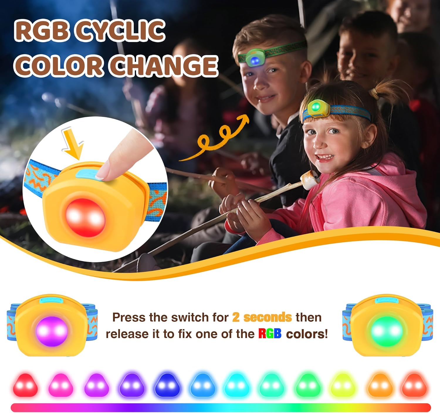 Adjustable RGB Headlamp for Kids camping reading and Halloween fun