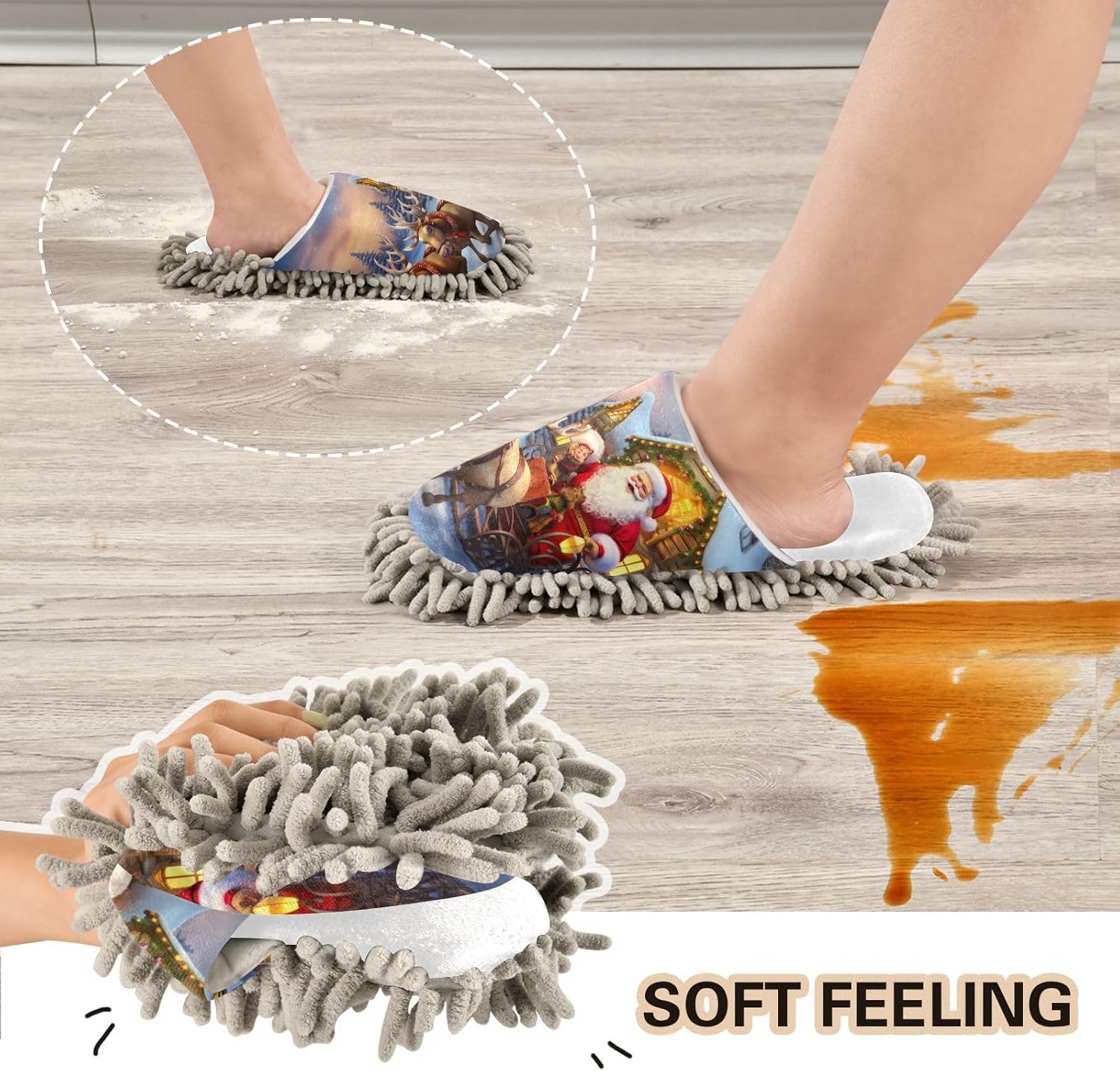 White Christmas Santa Riding Reindeers Mop Slippers for Home Kitchen