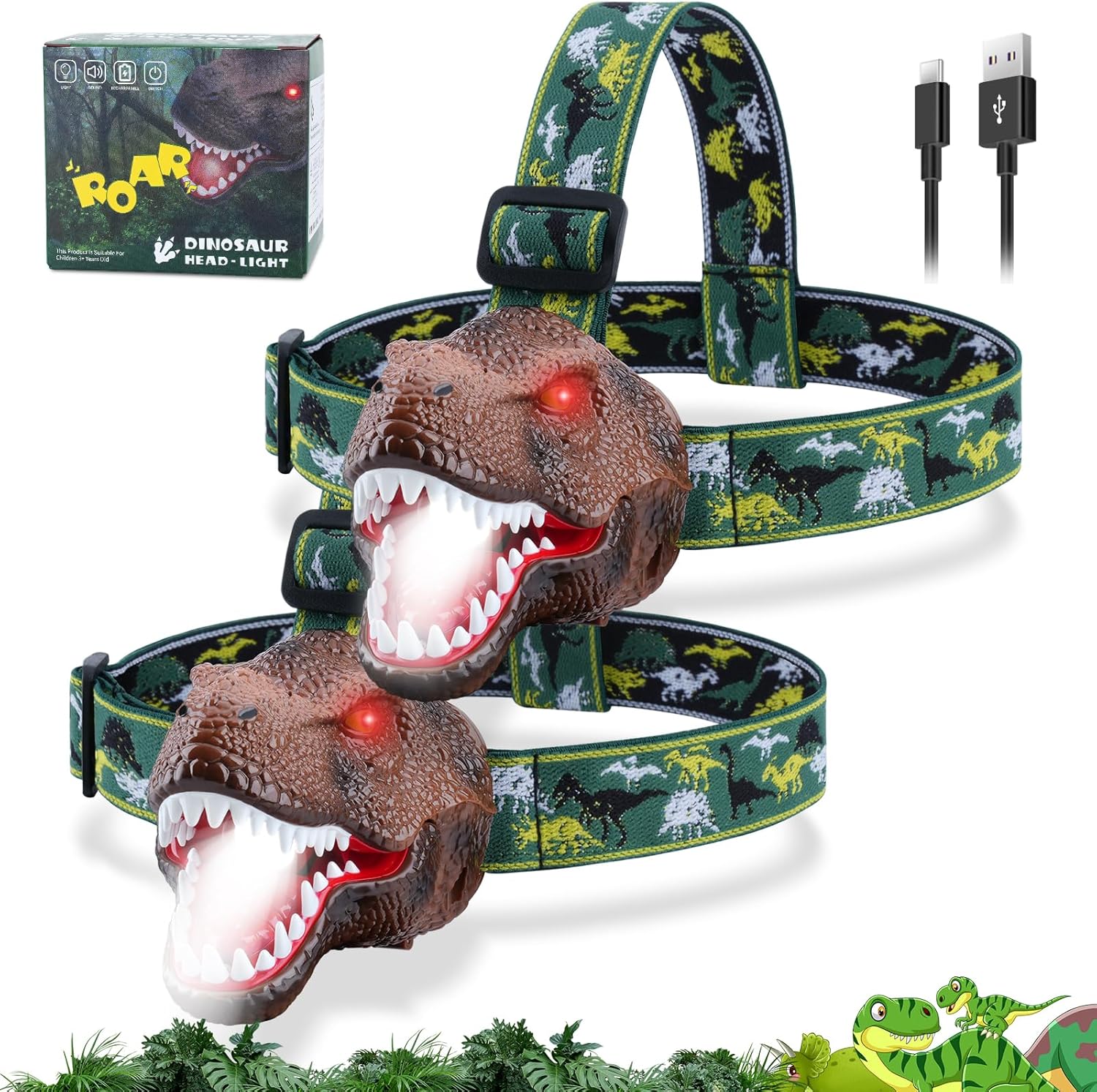 Dinosaur Headlamp 2-in-1 Rechargeable LED Lights Dinosaur Sound for Kids