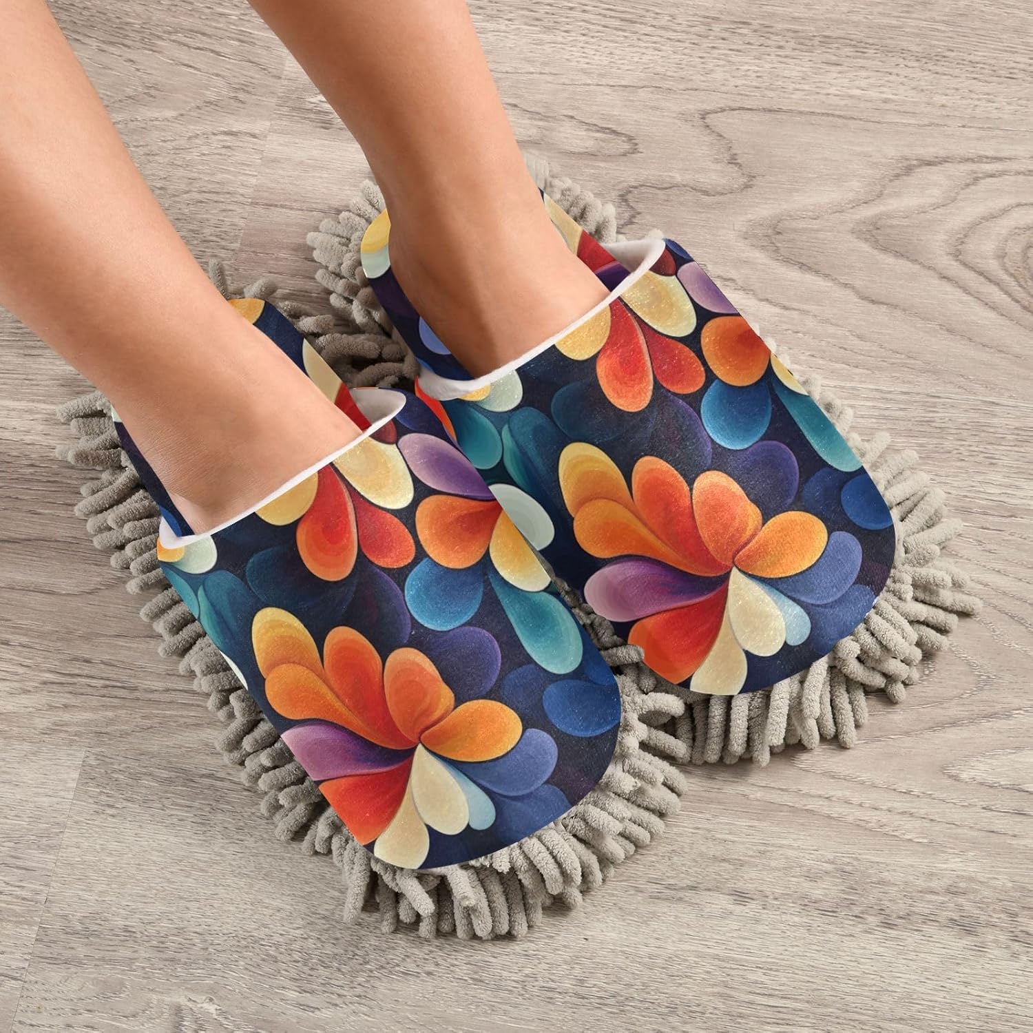 FLildon Microfiber Mop Slippers with Abstract Flowers for Men Women House Cleaning