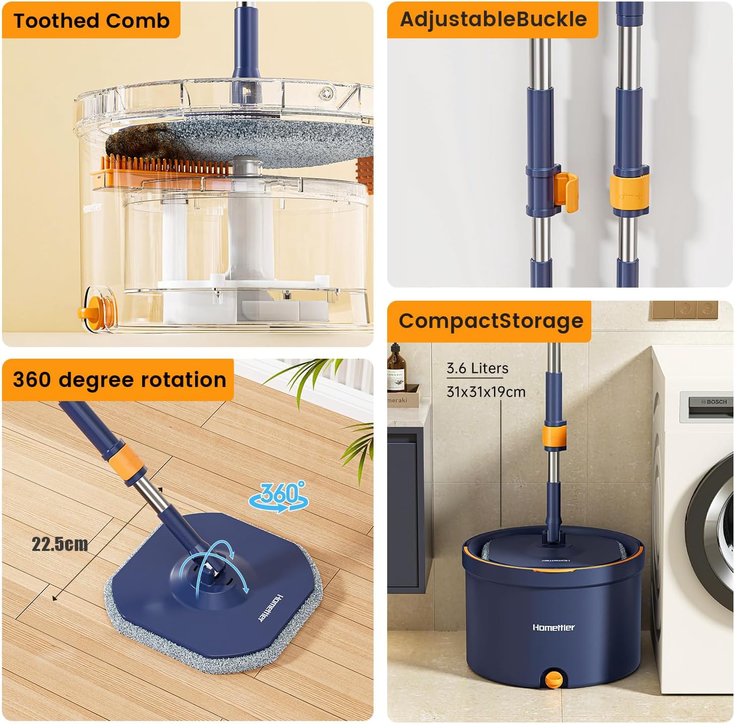 HoMettler Spin Mop Bucket Set with 2 Microfiber Pads and Self Wringing System