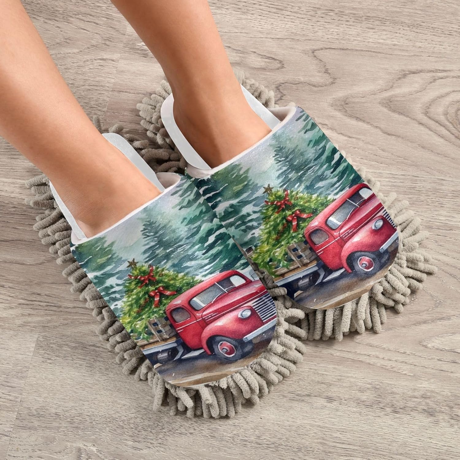 White Christmas Truck Tree Mop Slippers - Soft Hypoallergenic Easy to Clean