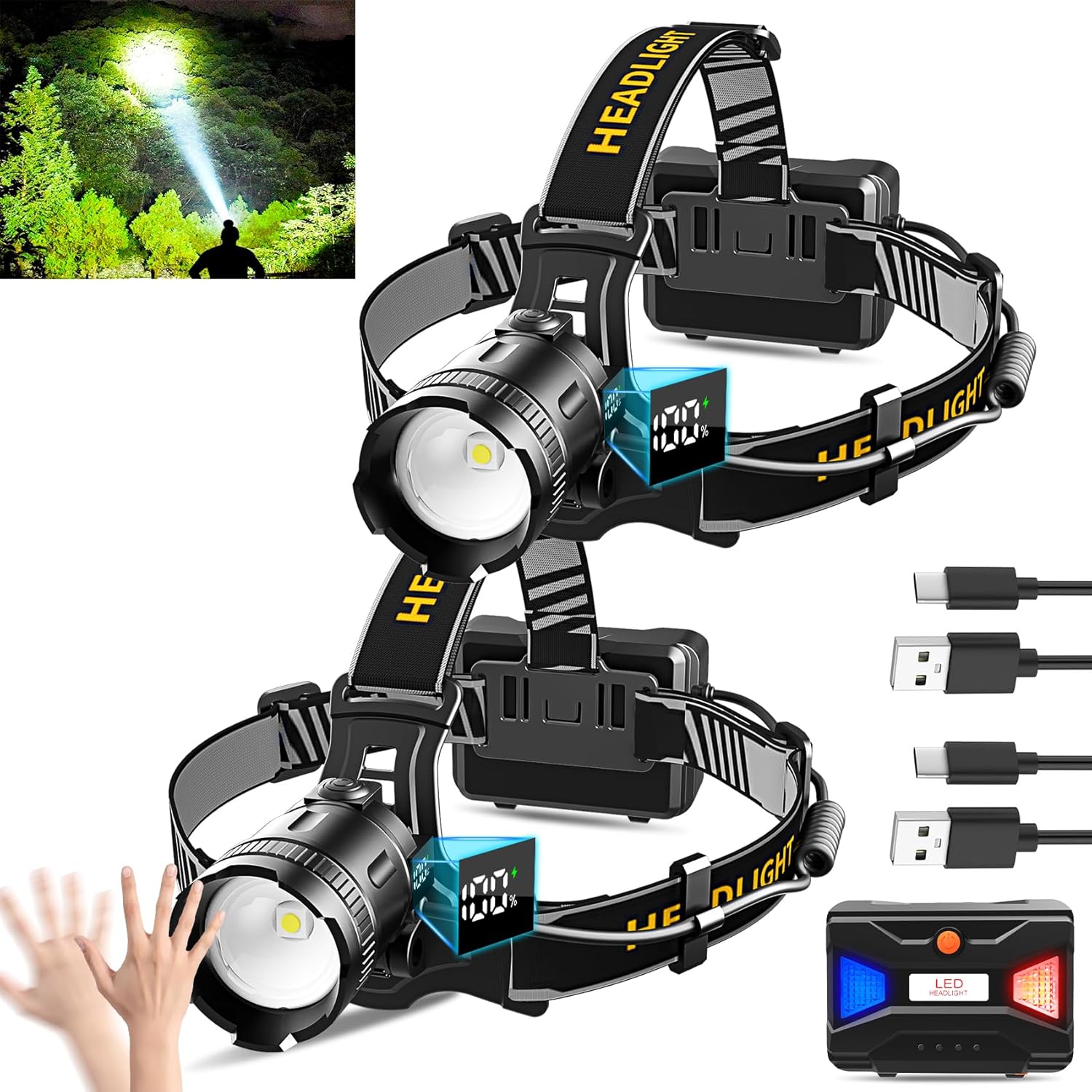 100000 Lumens Headlamp with Motion Sensor waterproof rechargeable