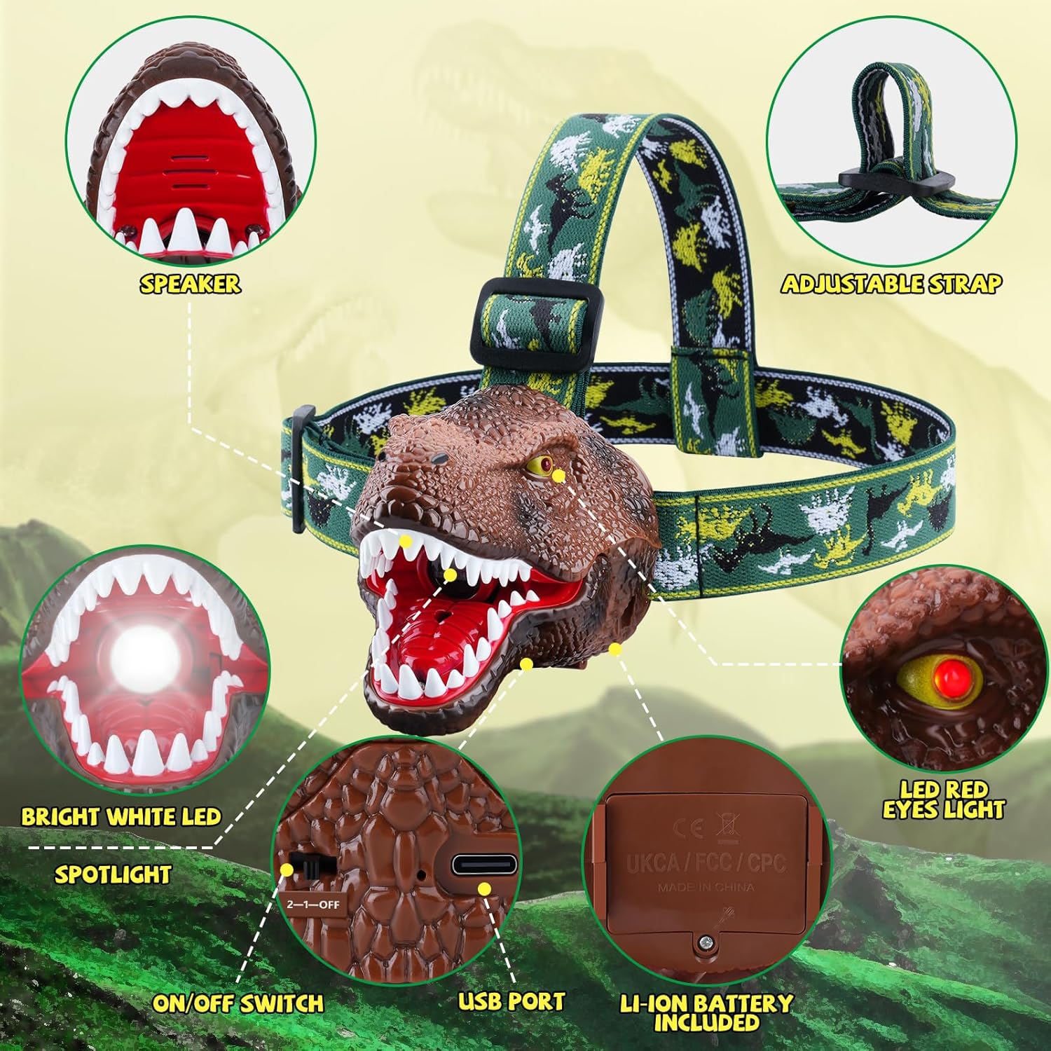 Dinosaur Headlamp 2-in-1 Rechargeable LED Lights Dinosaur Sound for Kids