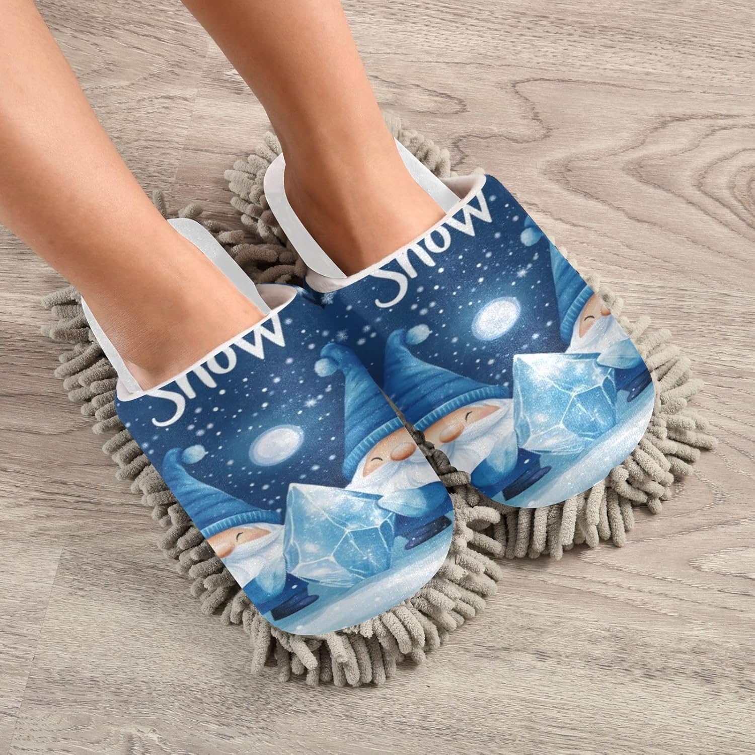 White Christmas Blue Gnomes Mop Slippers for Home Cozy Water-Friendly
