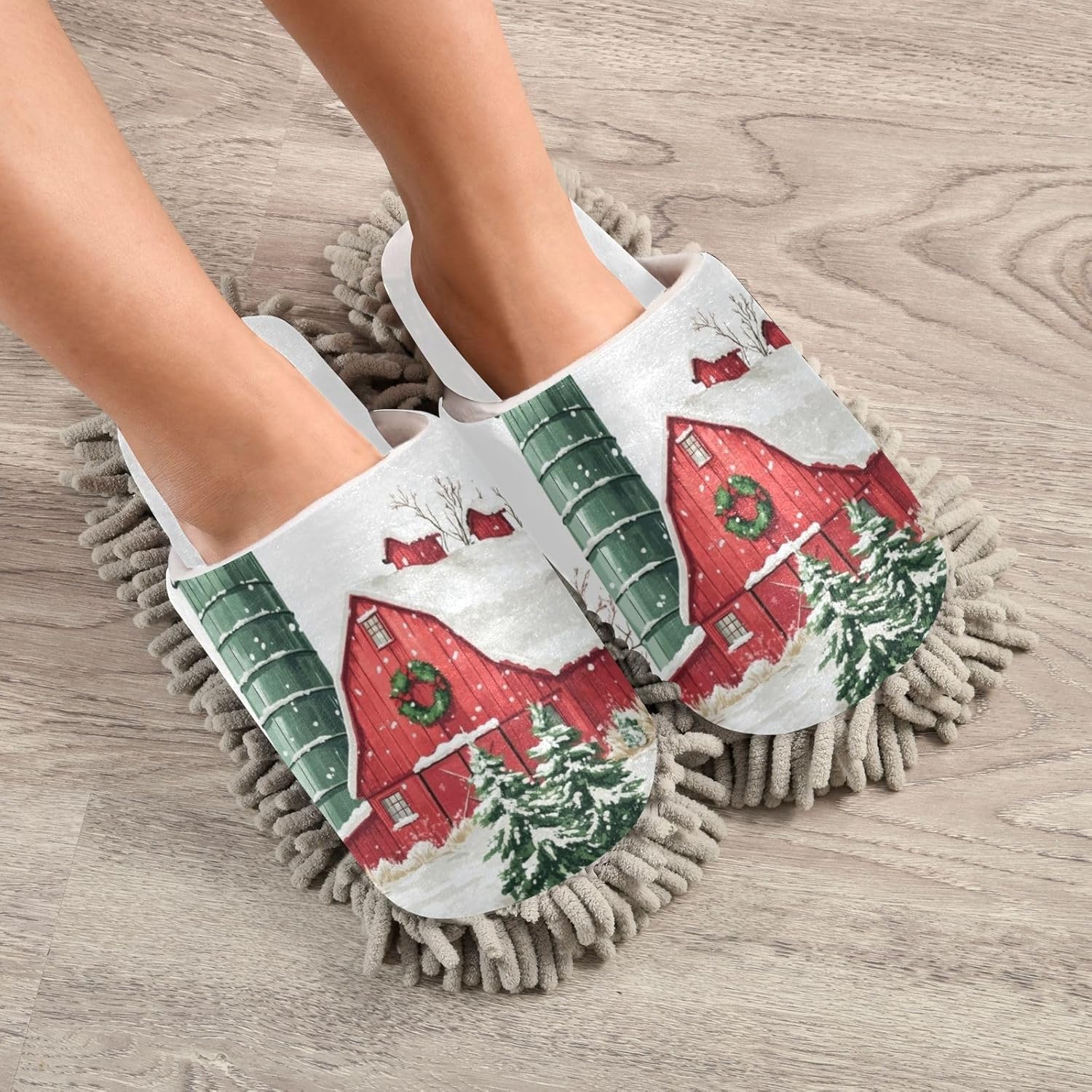 Cozy Red Farmhouse Mop Slippers