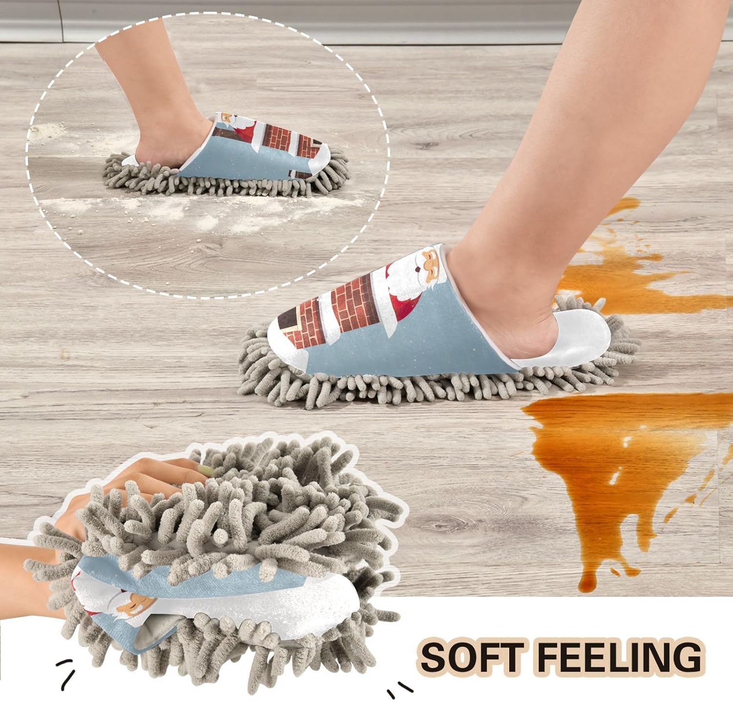 Running Bear Santa Mop Slippers Chenille Mop Slippers for Cleaning Comfort