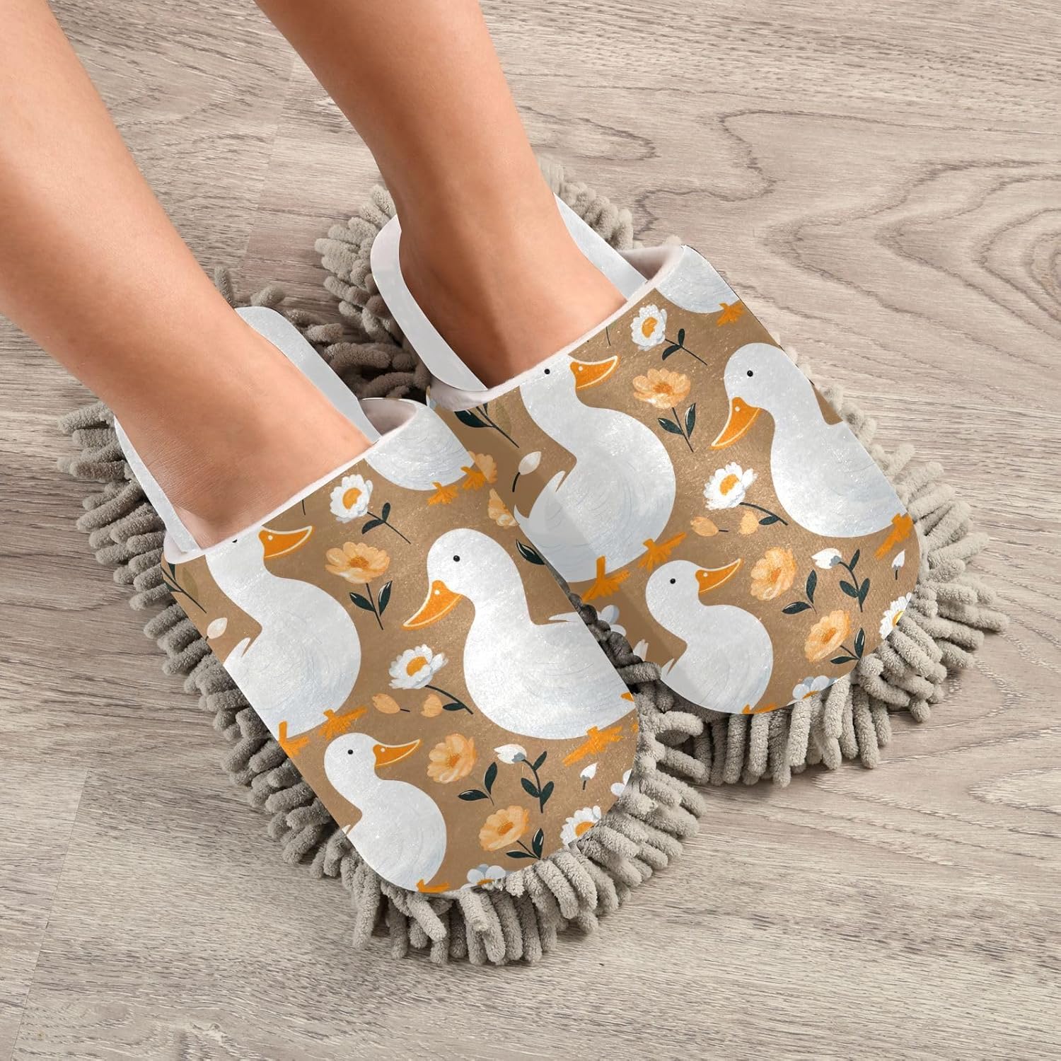 RunningBear White Ducks Mop Slippers for Easy Floor Cleaning