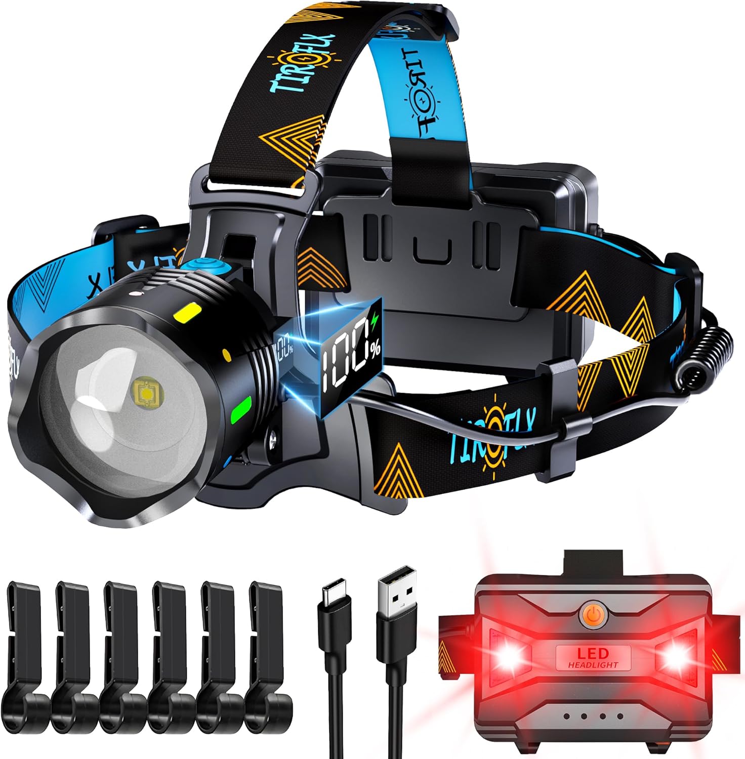 160000 LM Rechargeable Headlamp with 11 Modes 90-Hour Battery and IP68 Waterproof