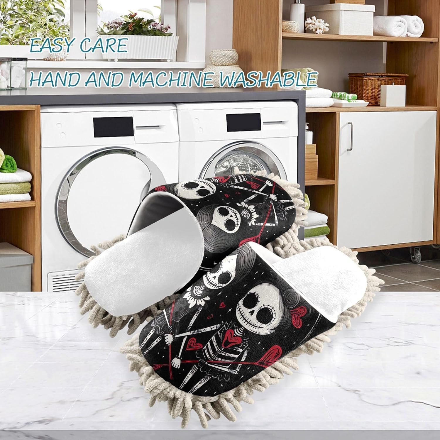 RunningBear White Gothic Skeleton Couples Hearts Mop Slippers