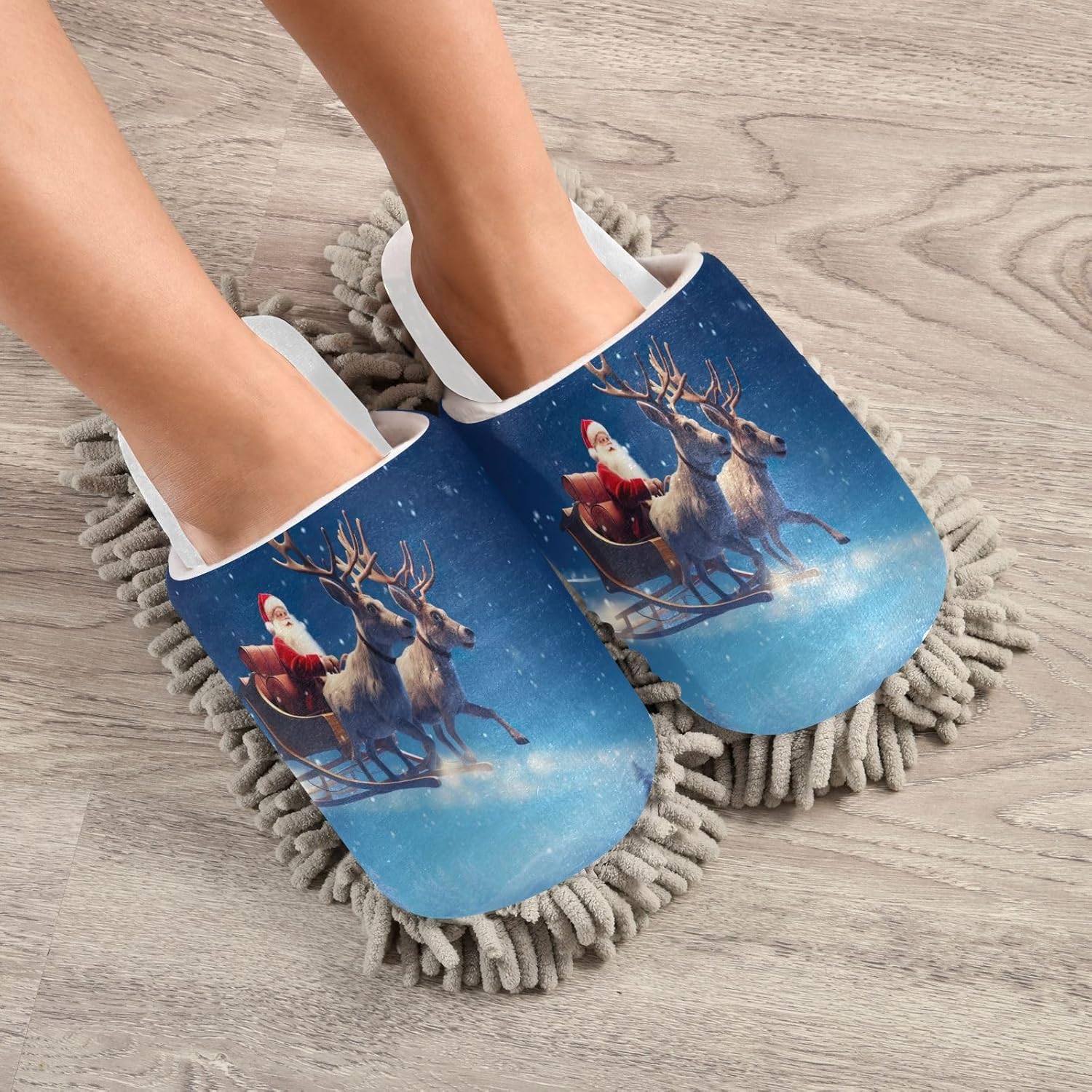 White Christmas Santa Sleigh Elks Mop Slippers 1