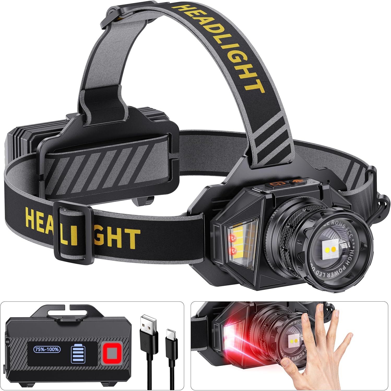 LED Headlamp Rechargeable with 990000 Lumens and 12 Modes