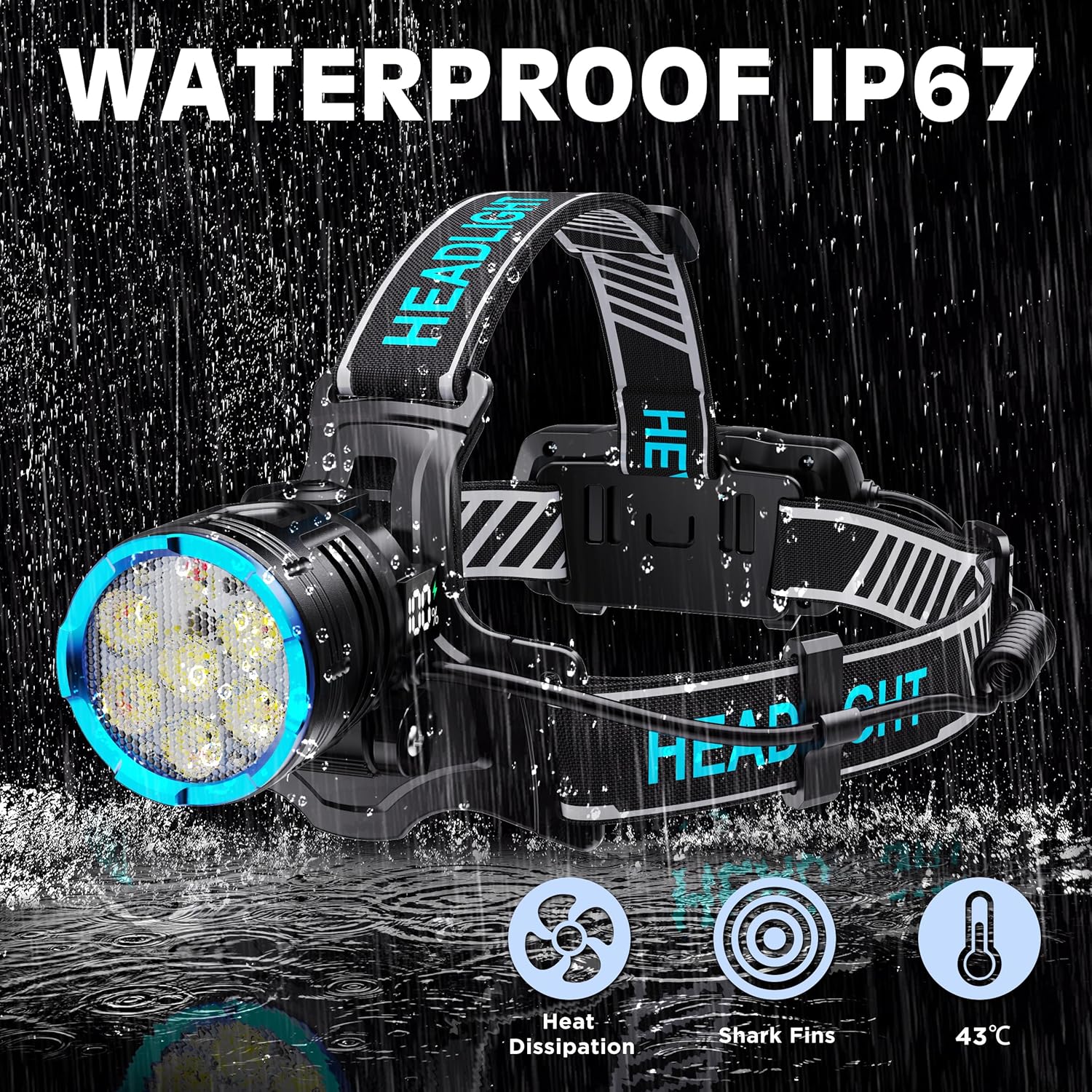 300000 LM Red Light Headlamp 7 Modes IP67 Waterproof